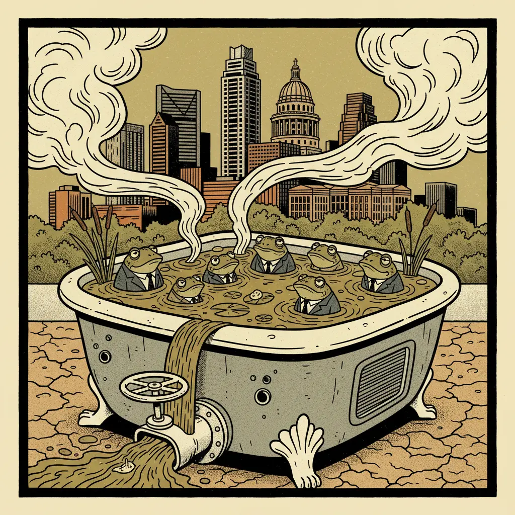 Editorial illustration: THE SWAMP IS OFFICIALLY DRAINED...INTO A HOT TUB