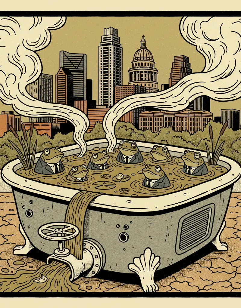 Editorial illustration: THE SWAMP IS OFFICIALLY DRAINED...INTO A HOT TUB