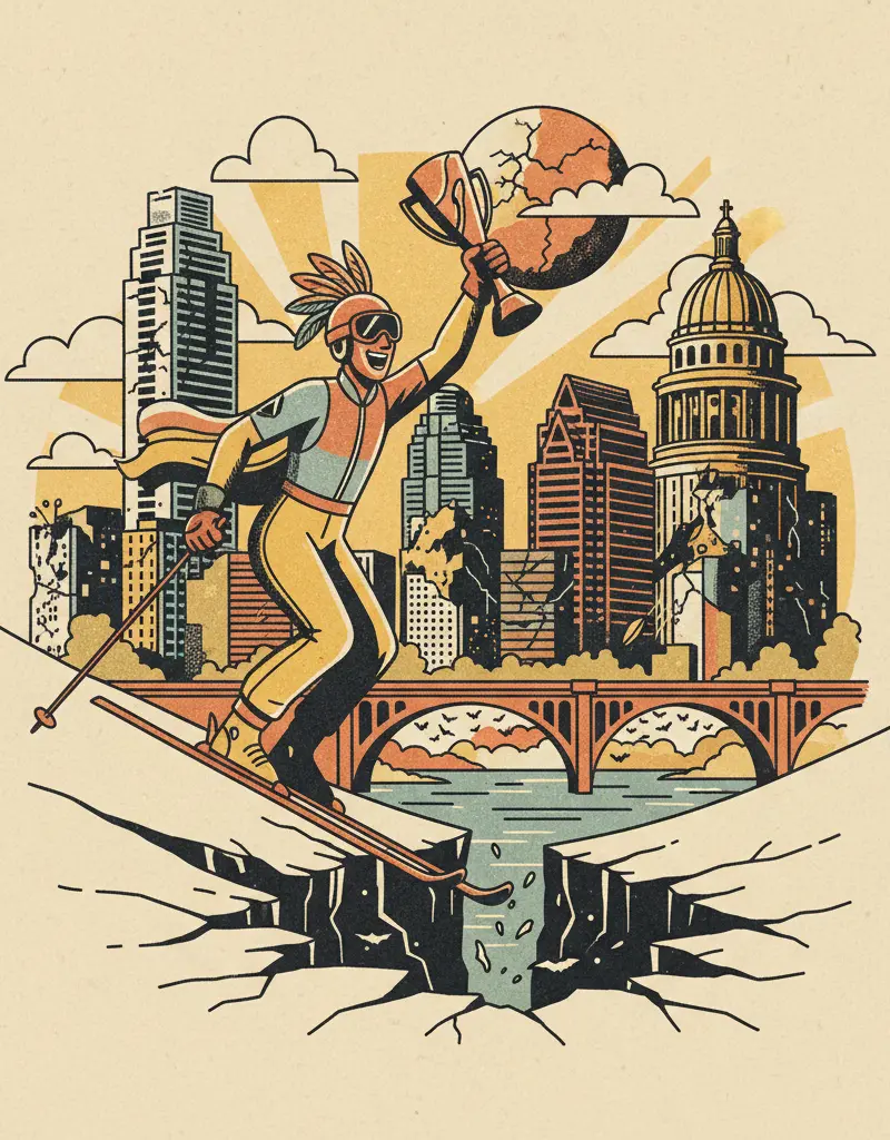 Editorial illustration: A BRAZILIAN SKIER WON SOMETHING, APOCALYPSE DELAYED