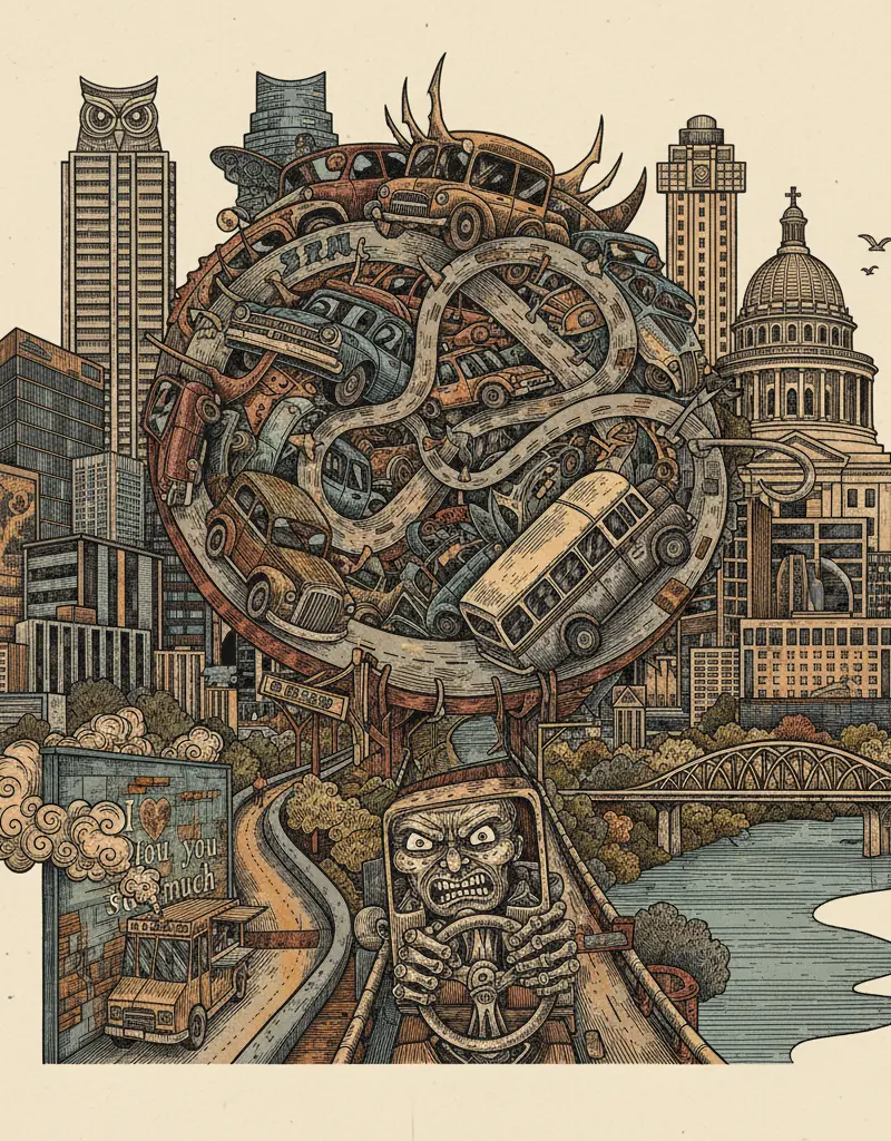 Editorial illustration: SURVIVE SXSW TRAFFIC OR DIE TRYING: A SURVIVAL GUIDE