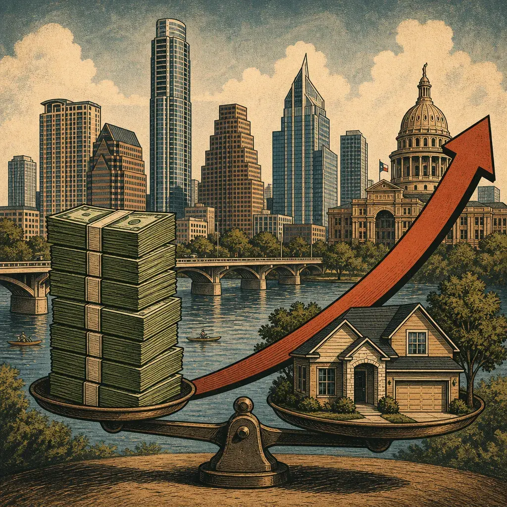Editorial illustration: CEDAR PARK ADVANCES $216M BUDGET, RAISES AVERAGE HOMEOWNER TAX $49
