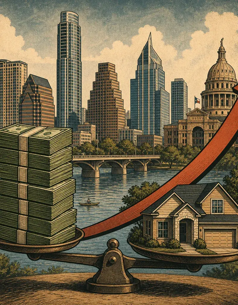 Editorial illustration: CEDAR PARK ADVANCES $216M BUDGET, RAISES AVERAGE HOMEOWNER TAX $49