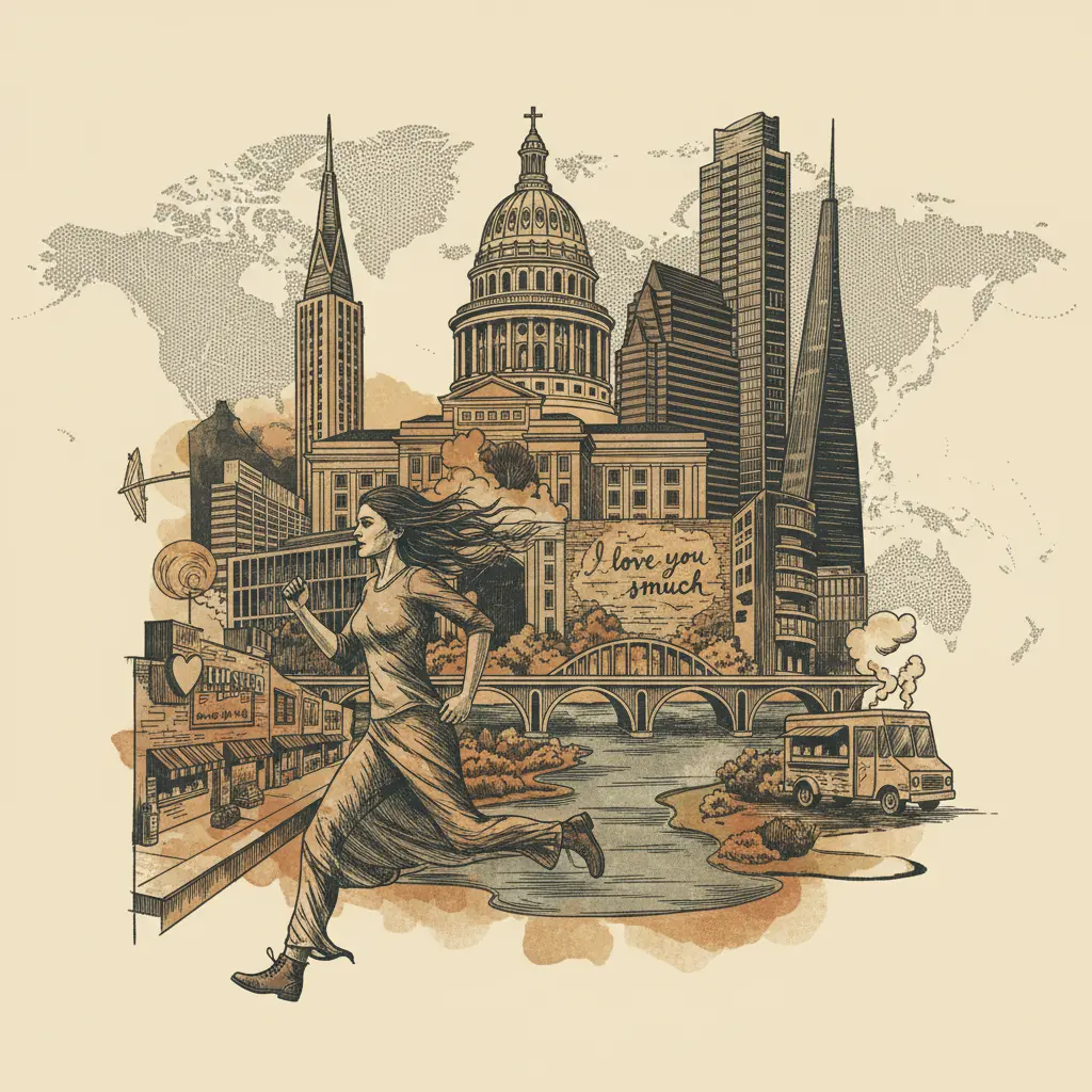 Editorial illustration: TENNESSEE WOMAN RUNS AWAY FROM EXISTENTIAL DREAD, ONE CONTINENT AT A TIME