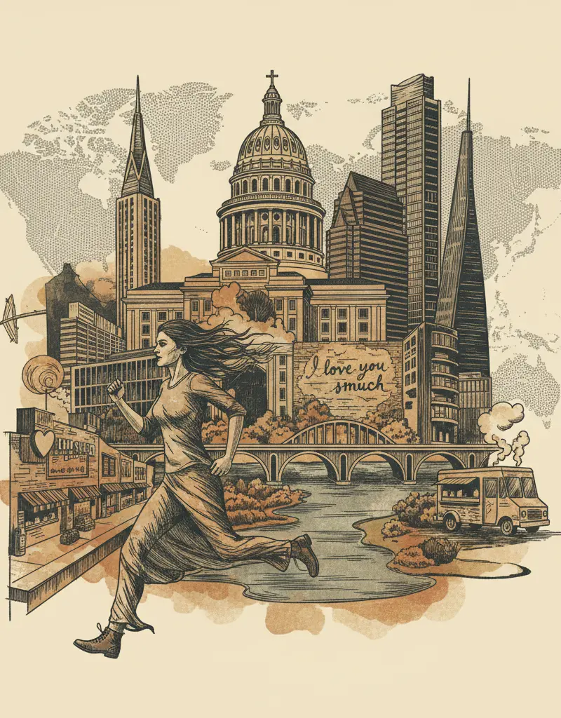 Editorial illustration: TENNESSEE WOMAN RUNS AWAY FROM EXISTENTIAL DREAD, ONE CONTINENT AT A TIME