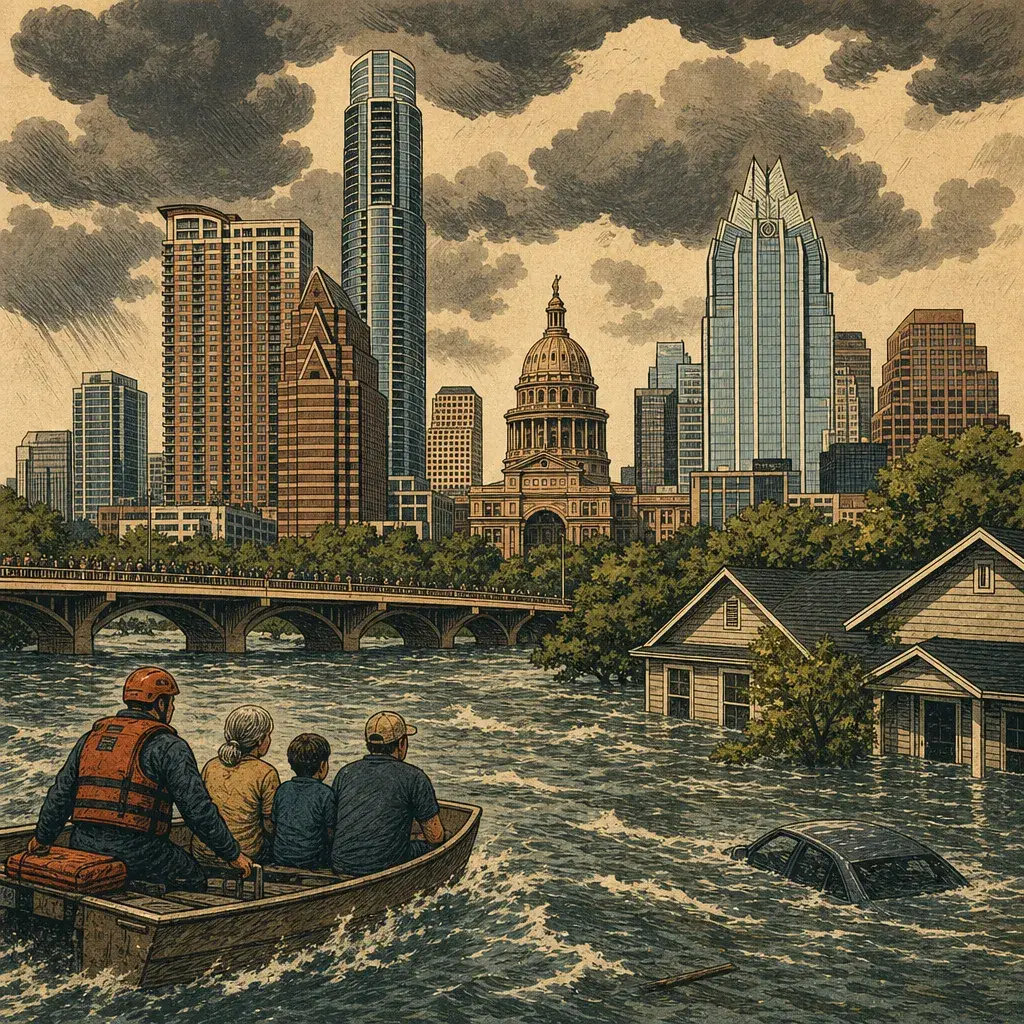 Editorial illustration: WATER ALWAYS PAYS ITS RENT — DISASTER DECLARATIONS ISSUED ACROSS CENTRAL TEXAS, JULY 16–22