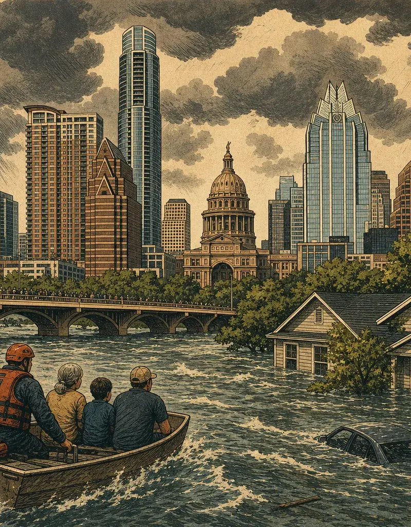 Editorial illustration: WATER ALWAYS PAYS ITS RENT  — DISASTER DECLARATIONS ISSUED ACROSS CENTRAL TEXAS, JULY 16–22