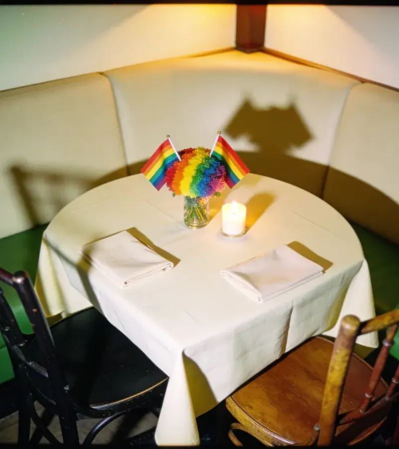 Editorial illustration: OUTCLOSE APP STARTS THURSDAY DINNERS FOR LGBTQ+ STRANGERS IN AUSTIN
