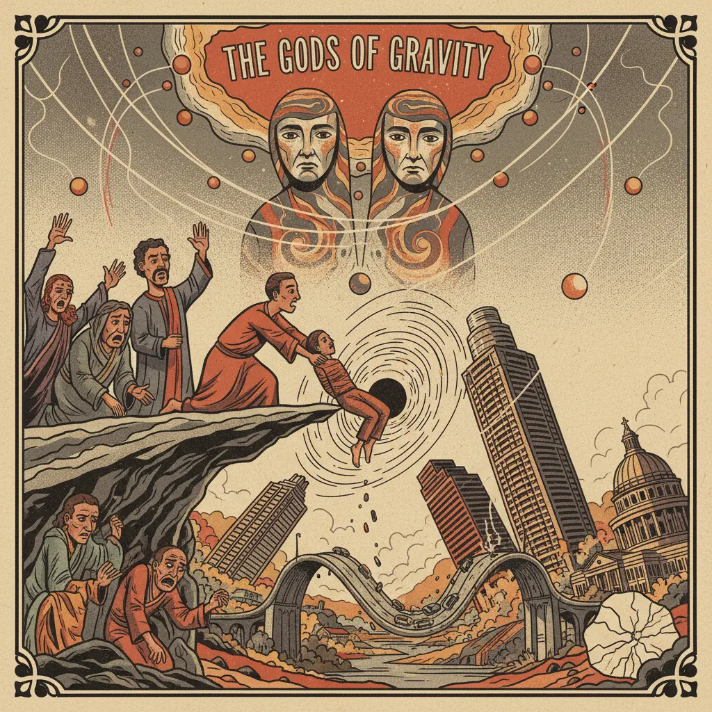 Editorial illustration: HUMAN SACRIFICE TO THE GODS OF GRAVITY FAILS TO APPEASE THEM