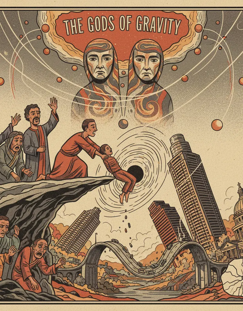 Editorial illustration: HUMAN SACRIFICE TO THE GODS OF GRAVITY FAILS TO APPEASE THEM