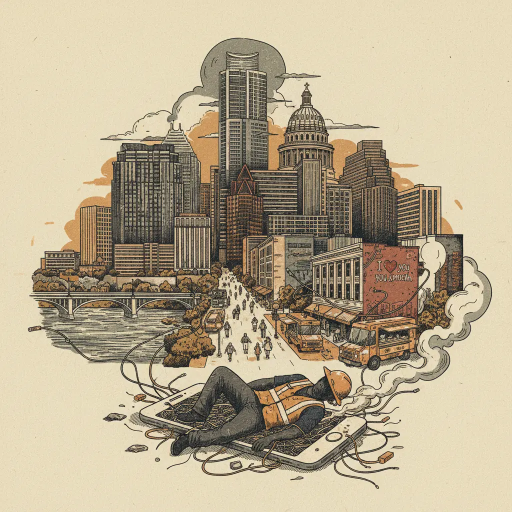 Editorial illustration: THE WIRE: A CONTRACTOR DIES AT SAMSUNG PLANT. YOUR PHONE STILL WORKS.