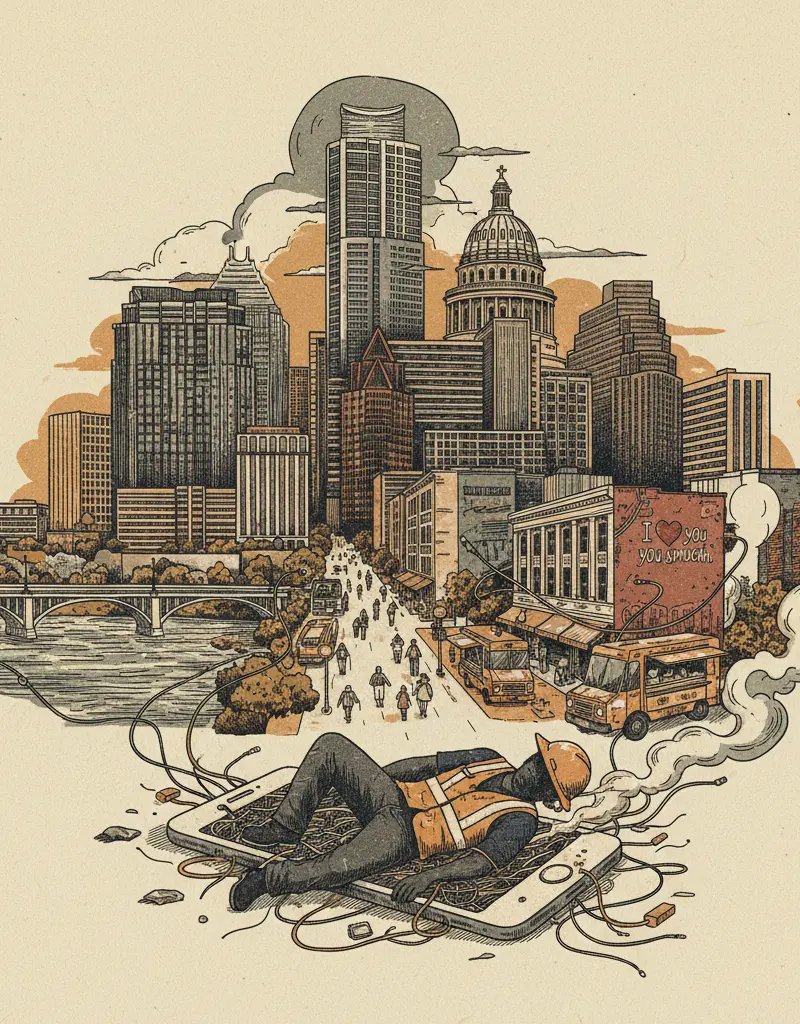 Editorial illustration: THE WIRE: A CONTRACTOR DIES AT SAMSUNG PLANT. YOUR PHONE STILL WORKS.