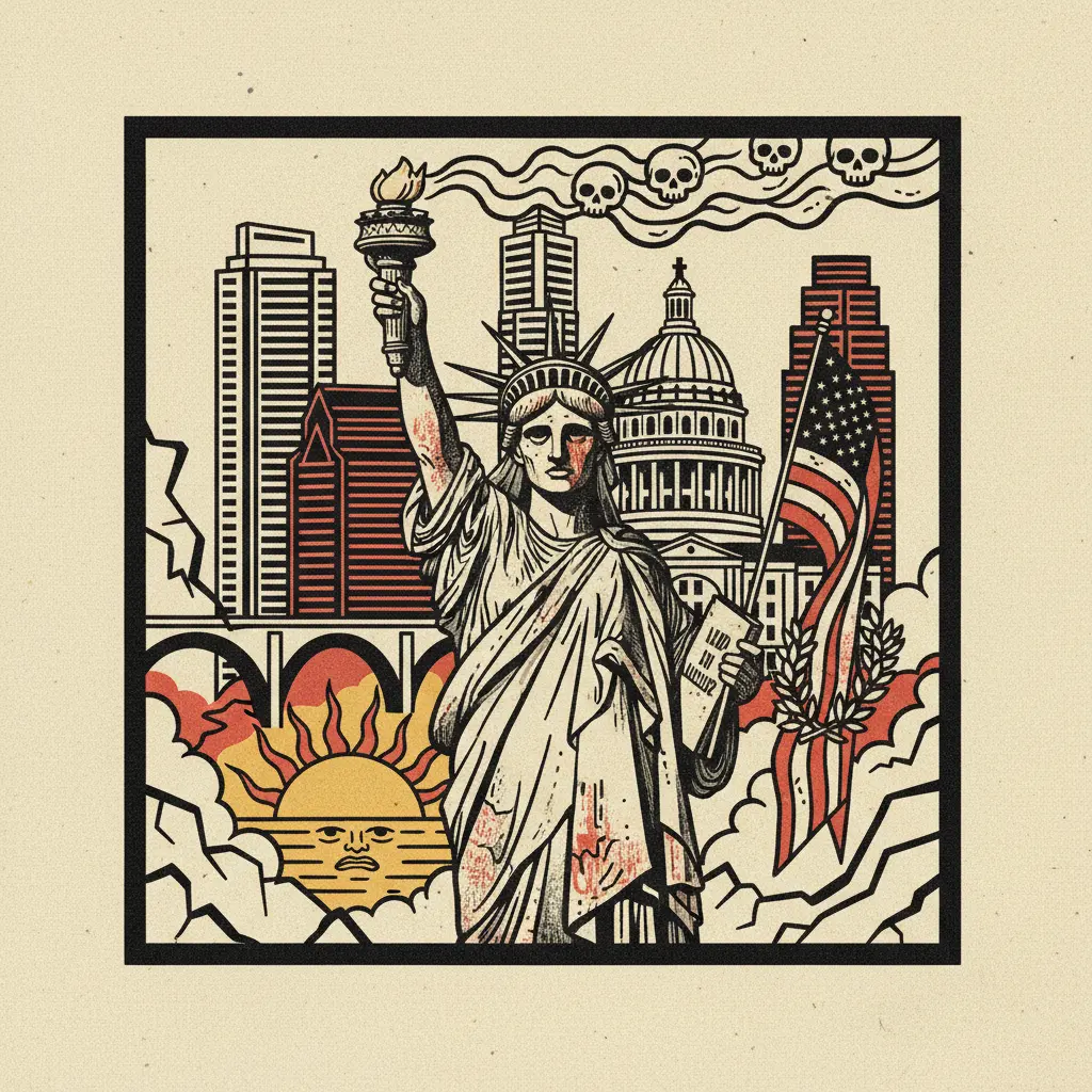 Editorial illustration: AMERICA'S OLYMPIC DREAMS: NOW WITH 50% MORE EXISTENTIAL DREAD