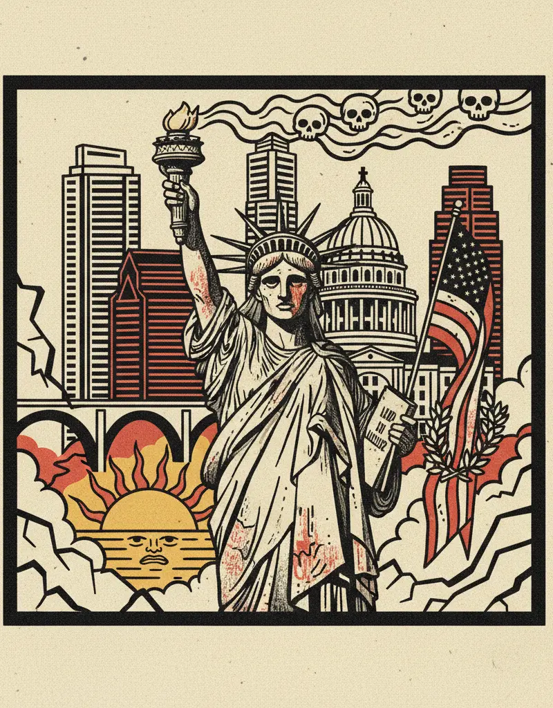 Editorial illustration: AMERICA'S OLYMPIC DREAMS: NOW WITH 50% MORE EXISTENTIAL DREAD