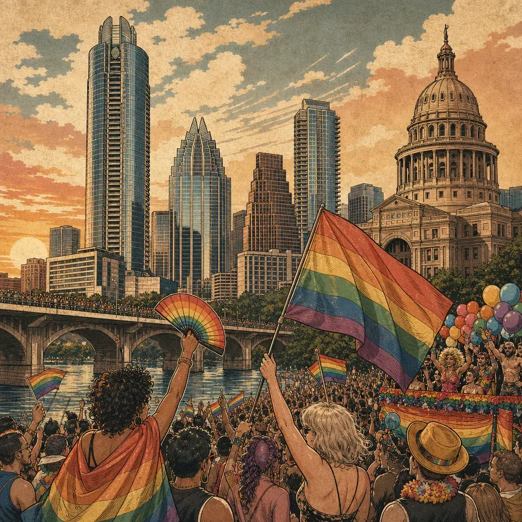 Editorial illustration: HAVE YOUR PATIENCE REASSIGNED — AUSTIN PRIDE 2026: FIESTA GARDENS FESTIVAL AND DOWNTOWN PARADE STARTS 8 PM THIS WEEKEND