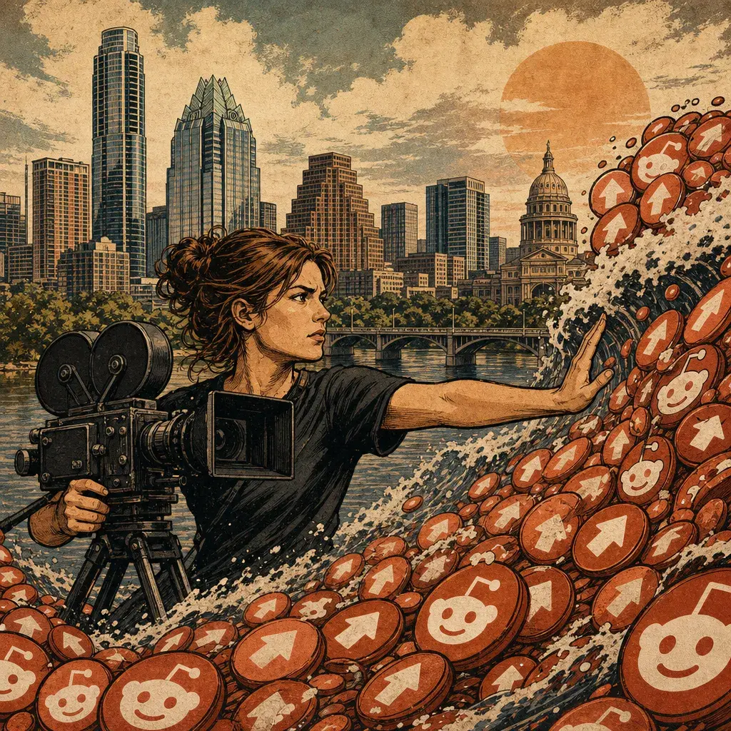 Editorial illustration: DON'T LET ART DROWN IN REDDIT KARMA: AUSTIN FILMMAKER LAUREN LINDBERG HAS UNTIL JULY 30 TO RAISE $20,000 FOR 'FALL OF THE PHOENIX'