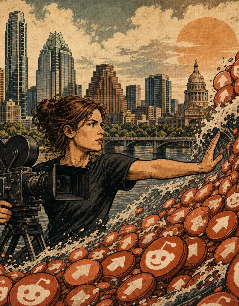 Editorial illustration: DON'T LET ART DROWN IN REDDIT KARMA: AUSTIN FILMMAKER LAUREN LINDBERG HAS UNTIL JULY 30 TO RAISE $20,000 FOR 'FALL OF THE PHOENIX'