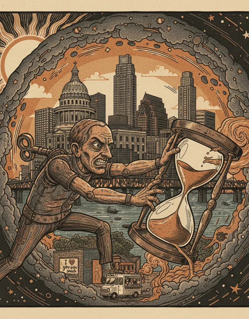 Editorial illustration: PREPARE TO LOSE AN HOUR OF SLEEP FIGHTING THE INEVITABLE HEAT DEATH OF THE UNIVERSE