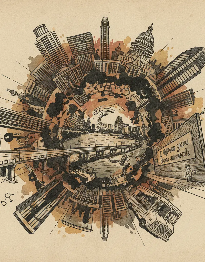 Editorial illustration: DEATH AND DELTA-8: THE AUSTIN SPIRAL CONTINUES