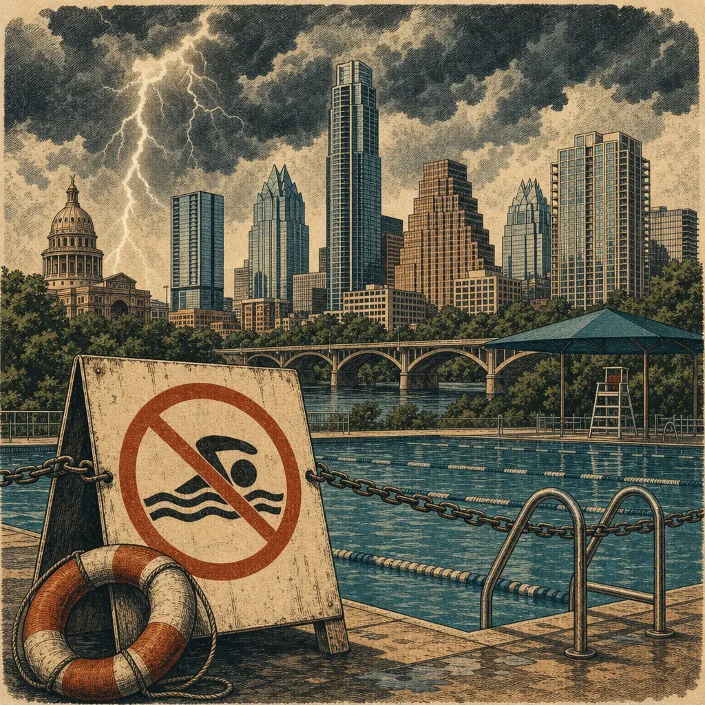 Editorial illustration: NATURE RSVP'D 'NO SWIM': A LIGHTNING STRIKE SAYS 'NOT TODAY' · MONTOPOLIS POOL IN EAST AUSTIN CLOSED UNTIL FURTHER NOTICE, AUSTIN PARKS AND RECREATION SAYS