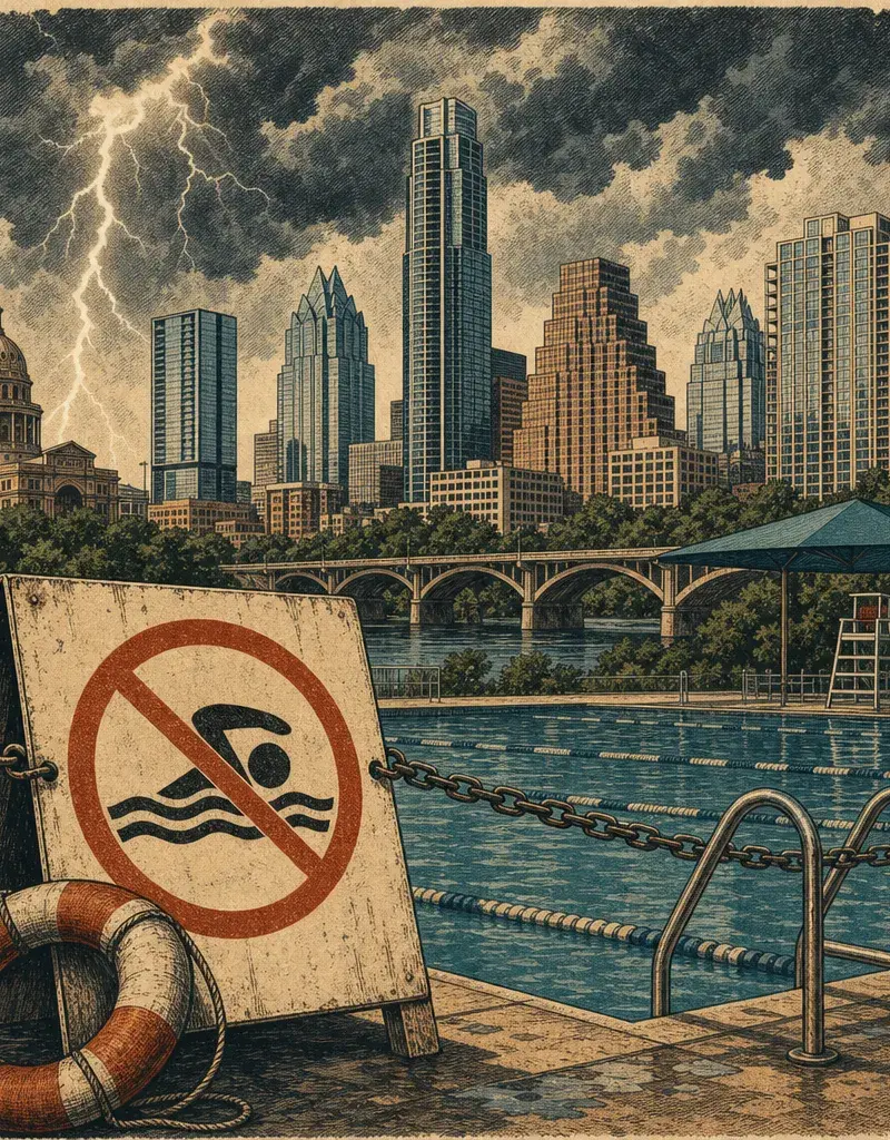 Editorial illustration: NATURE RSVP'D 'NO SWIM': A LIGHTNING STRIKE SAYS 'NOT TODAY' · MONTOPOLIS POOL IN EAST AUSTIN CLOSED UNTIL FURTHER NOTICE, AUSTIN PARKS AND RECREATION SAYS
