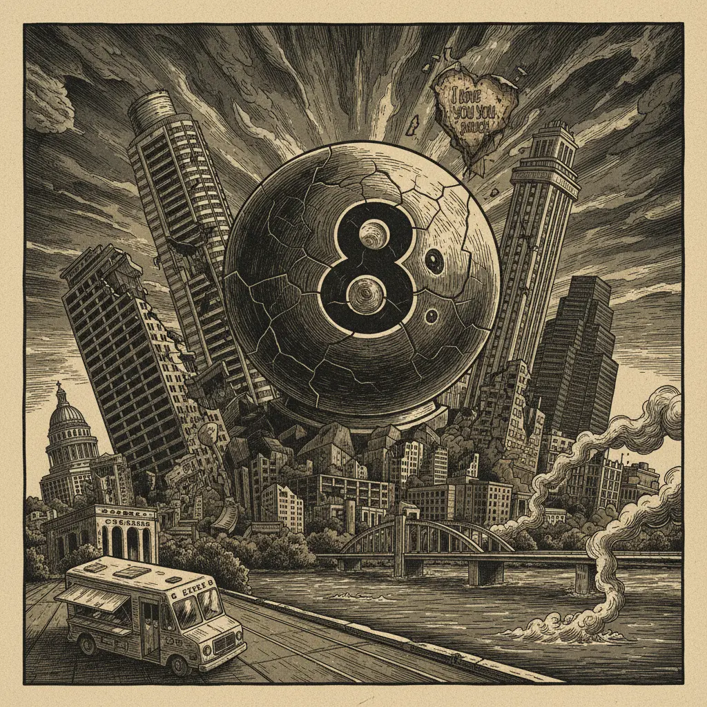 Editorial illustration: THE AUSTIN CHRONICLE CONSULTS A MAGIC 8 BALL, AND THE RESULTS AREN'T PRETTY