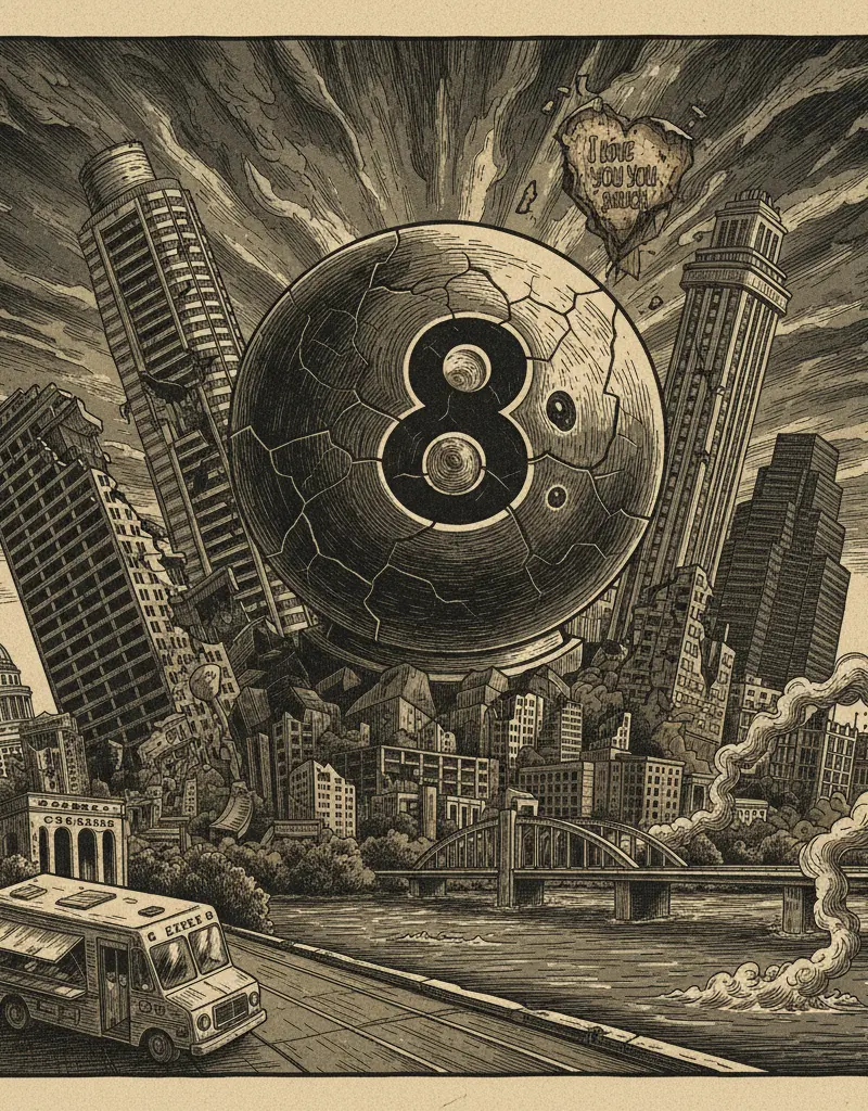 Editorial illustration: THE AUSTIN CHRONICLE CONSULTS A MAGIC 8 BALL, AND THE RESULTS AREN'T PRETTY