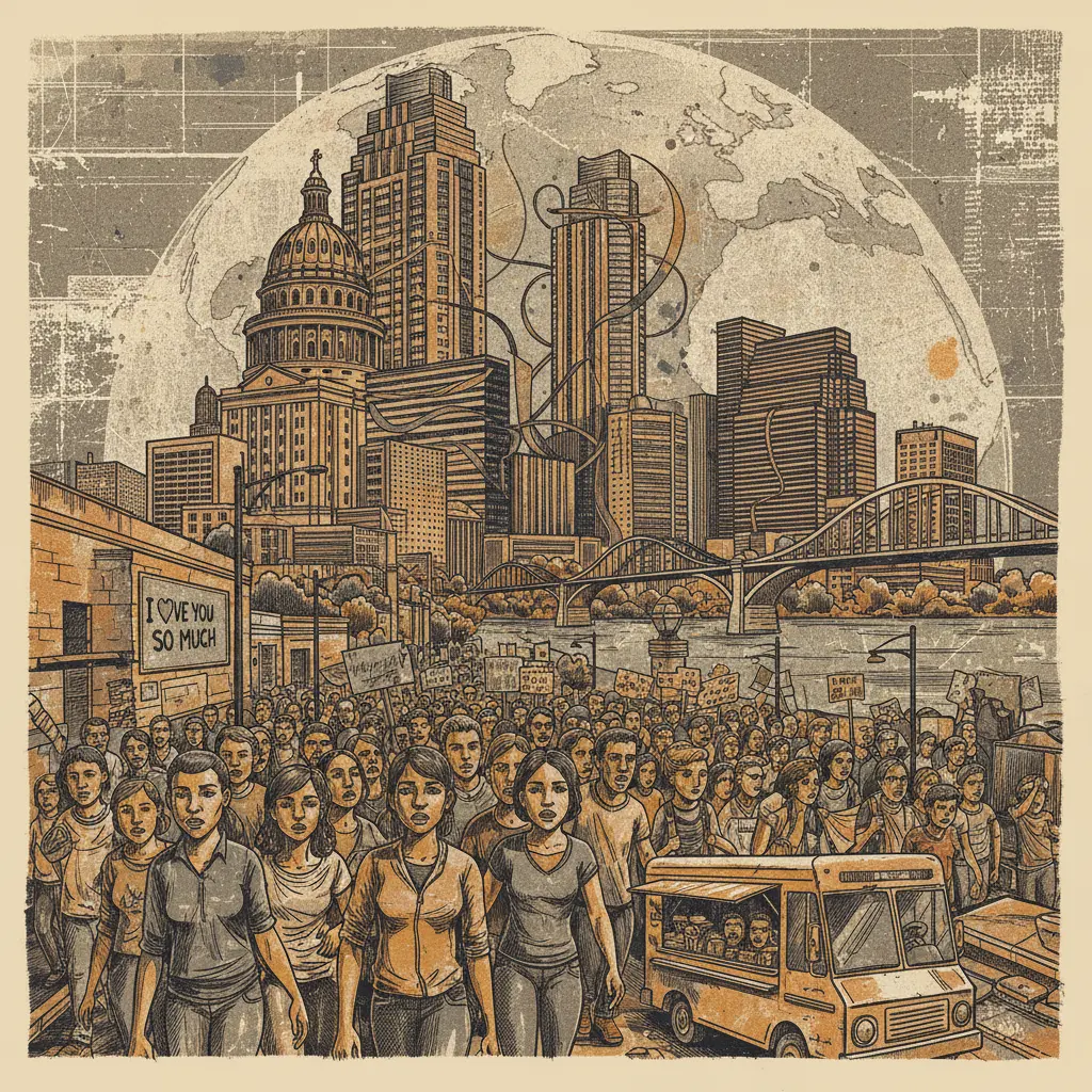 Editorial illustration: AUSTIN PROTESTERS REALIZE DEMOCRACY ISN'T JUST A LOCAL PROBLEM