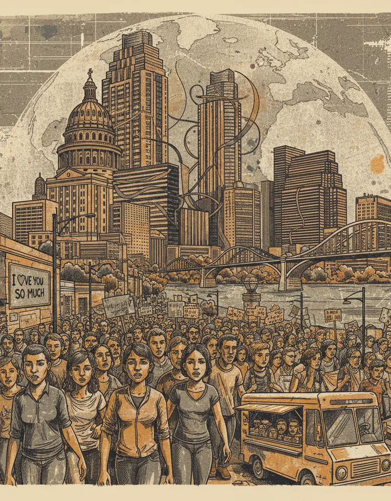 Editorial illustration: AUSTIN PROTESTERS REALIZE DEMOCRACY ISN'T JUST A LOCAL PROBLEM