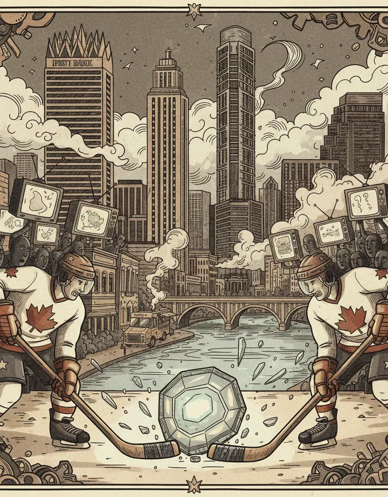 Editorial illustration: CANADA AND USA TO WAGE ICE WAR FOR SHINY ROCK; VIEWERS TO QUESTION LIFE CHOICES