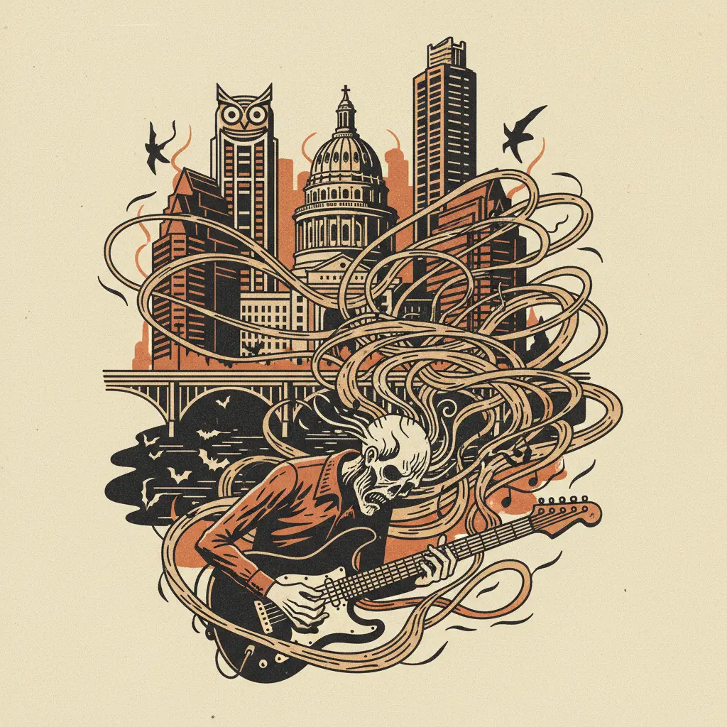 Editorial illustration: THE AUSTIN MUSIC AWARDS: A CELEBRATION OF EXISTENTIAL DREAD AND GUITAR SOLOS