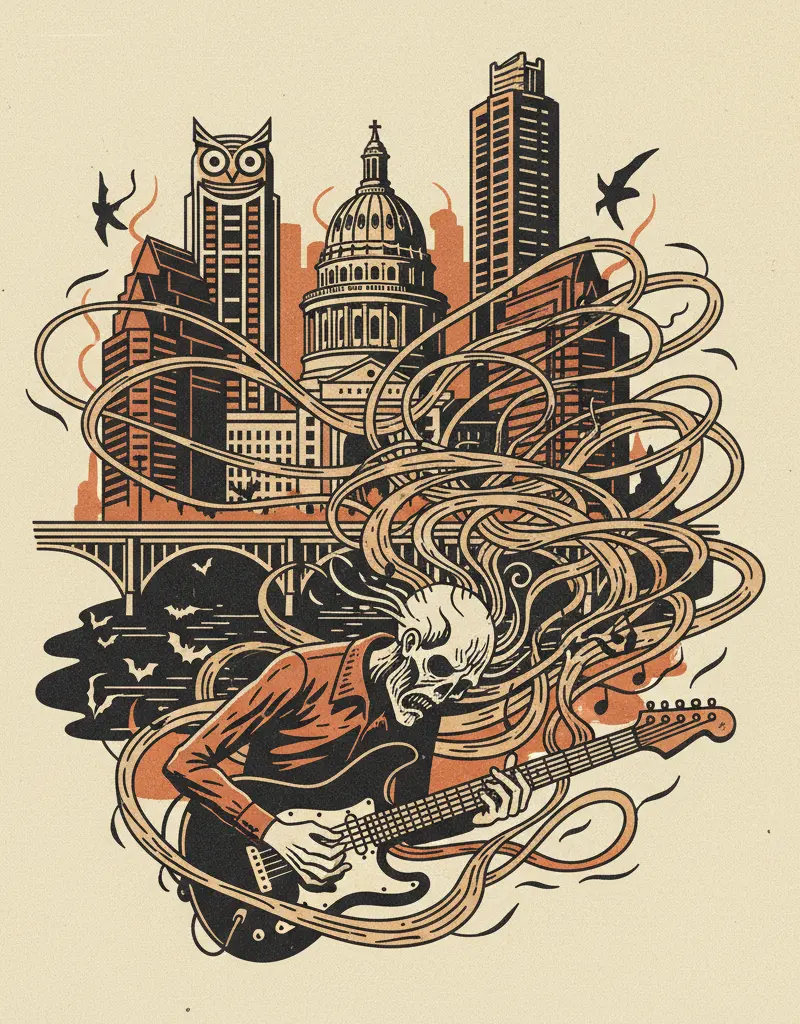 Editorial illustration: THE AUSTIN MUSIC AWARDS: A CELEBRATION OF EXISTENTIAL DREAD AND GUITAR SOLOS