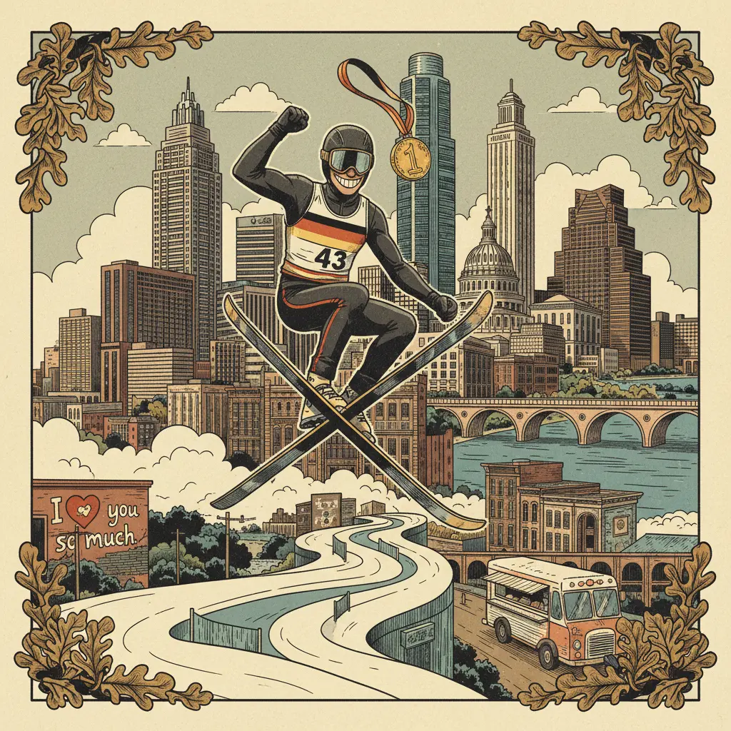 Editorial illustration: GERMANY WINS OLYMPIC GOLD IN SKICROSS: A VICTORY FOR SCHADENFREUDE