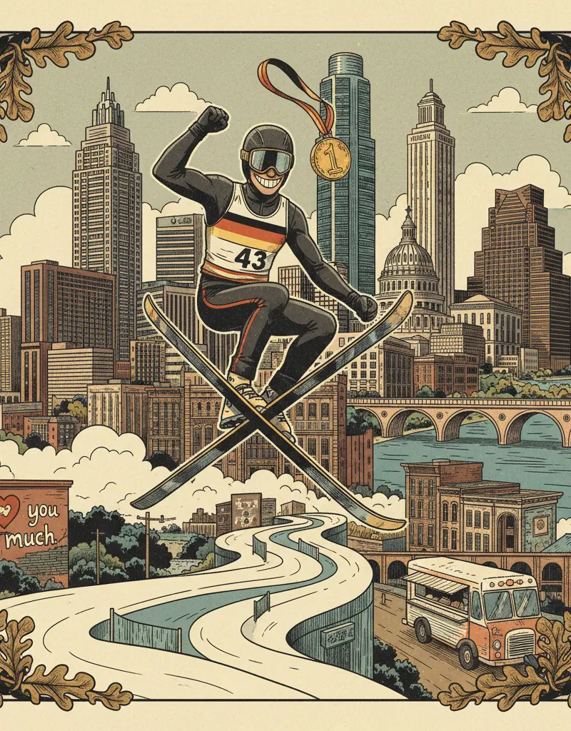 Editorial illustration: GERMANY WINS OLYMPIC GOLD IN SKICROSS: A VICTORY FOR SCHADENFREUDE