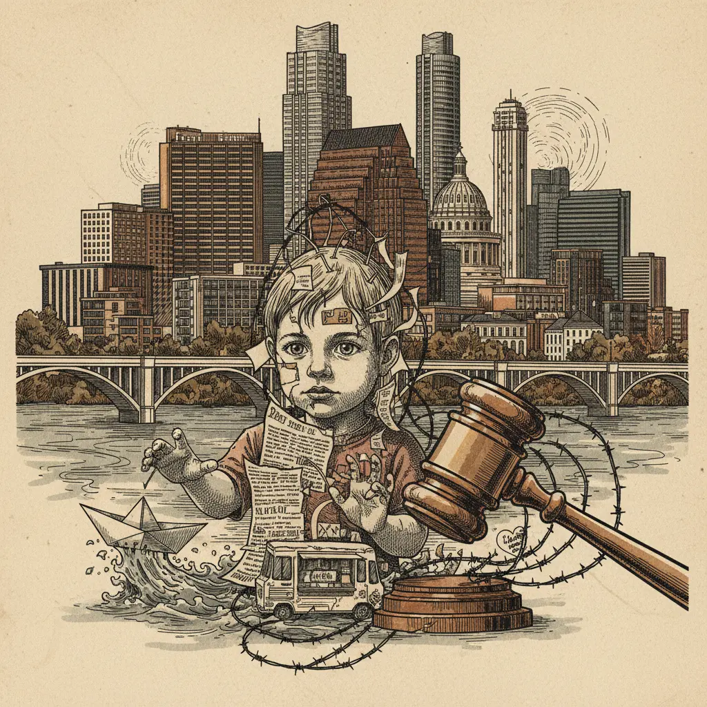 Editorial illustration: INNOCENCE IS NO DEFENSE AGAINST THE INSANITY OF IMMIGRATION LAW