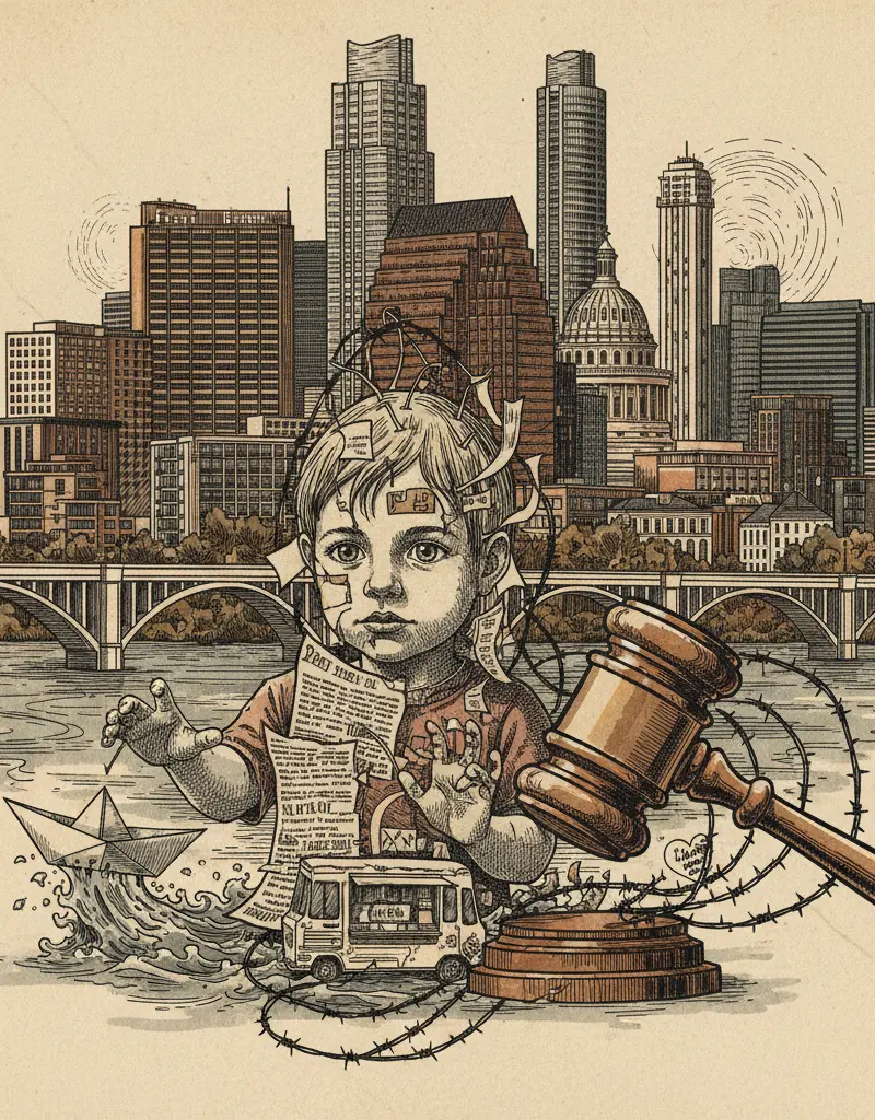 Editorial illustration: INNOCENCE IS NO DEFENSE AGAINST THE INSANITY OF IMMIGRATION LAW