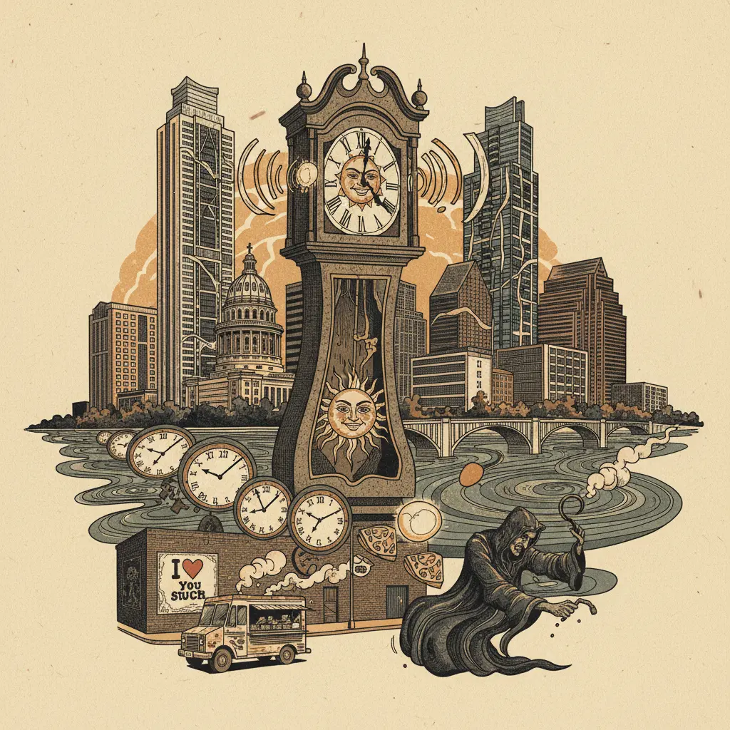 Editorial illustration: YOUR CLOCK IS LYING TO YOU: DAYLIGHT SAVING TIME RETURNS TO STEAL AN HOUR