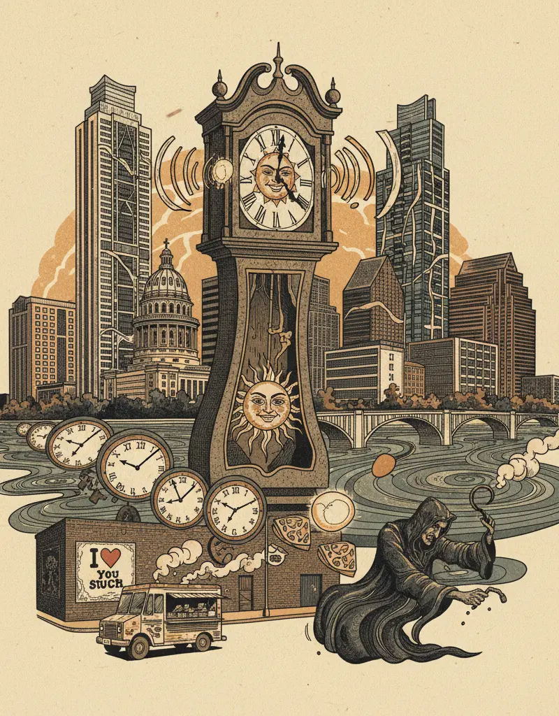 Editorial illustration: YOUR CLOCK IS LYING TO YOU: DAYLIGHT SAVING TIME RETURNS TO STEAL AN HOUR