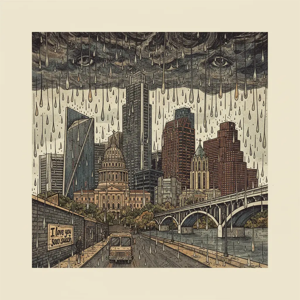 Editorial illustration: THE SKY IS CRYING: CENTRAL TEXAS DROWNS ITS SORROWS IN WIDESPREAD RAIN