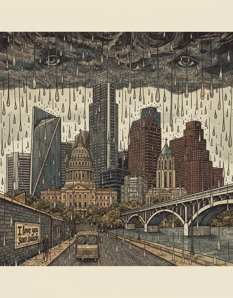 Editorial illustration: THE SKY IS CRYING: CENTRAL TEXAS DROWNS ITS SORROWS IN WIDESPREAD RAIN