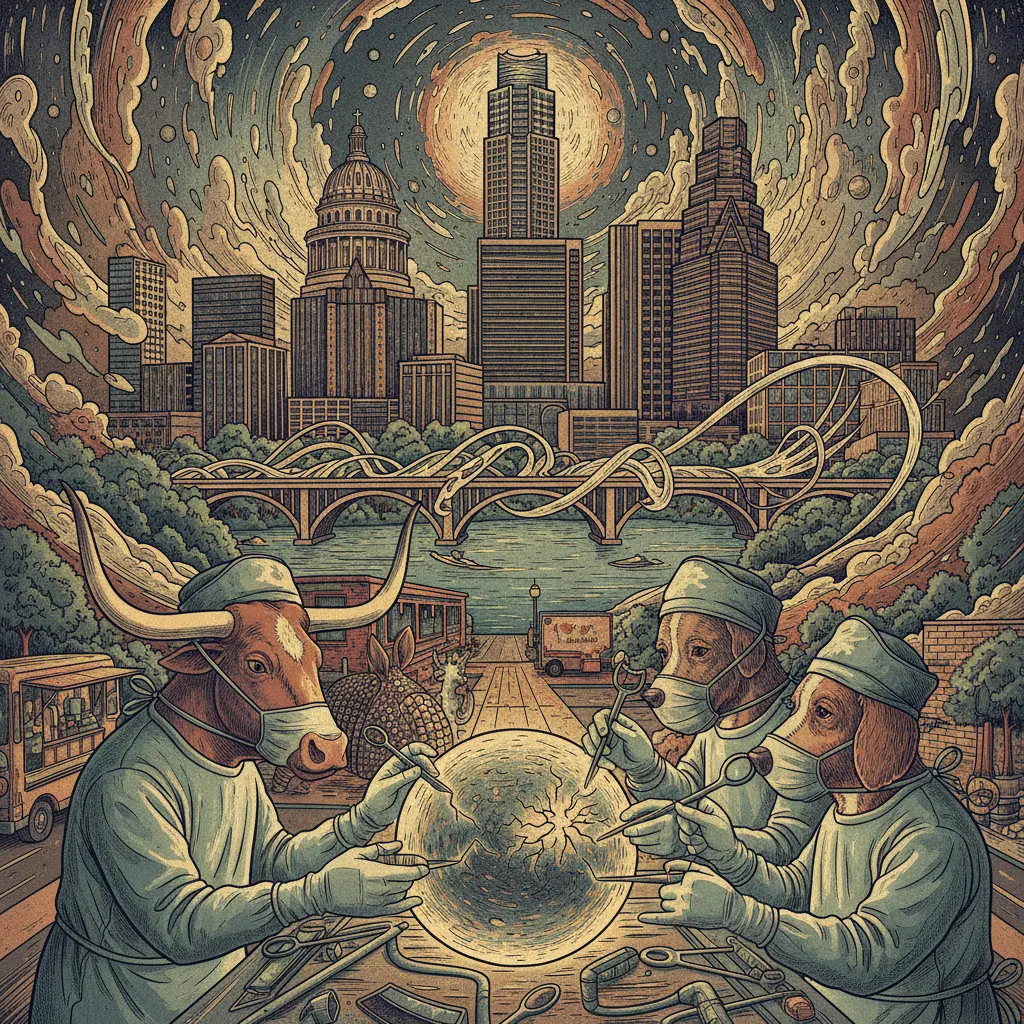 Editorial illustration: AUSTIN OFFERS FREE SURGERY TO ANIMALS TO AVERT THE INEVITABLE HEAT DEATH OF THE UNIVERSE