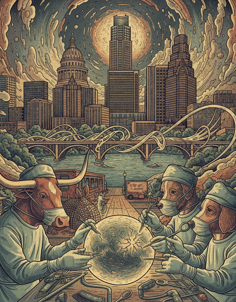 Editorial illustration: AUSTIN OFFERS FREE SURGERY TO ANIMALS TO AVERT THE INEVITABLE HEAT DEATH OF THE UNIVERSE