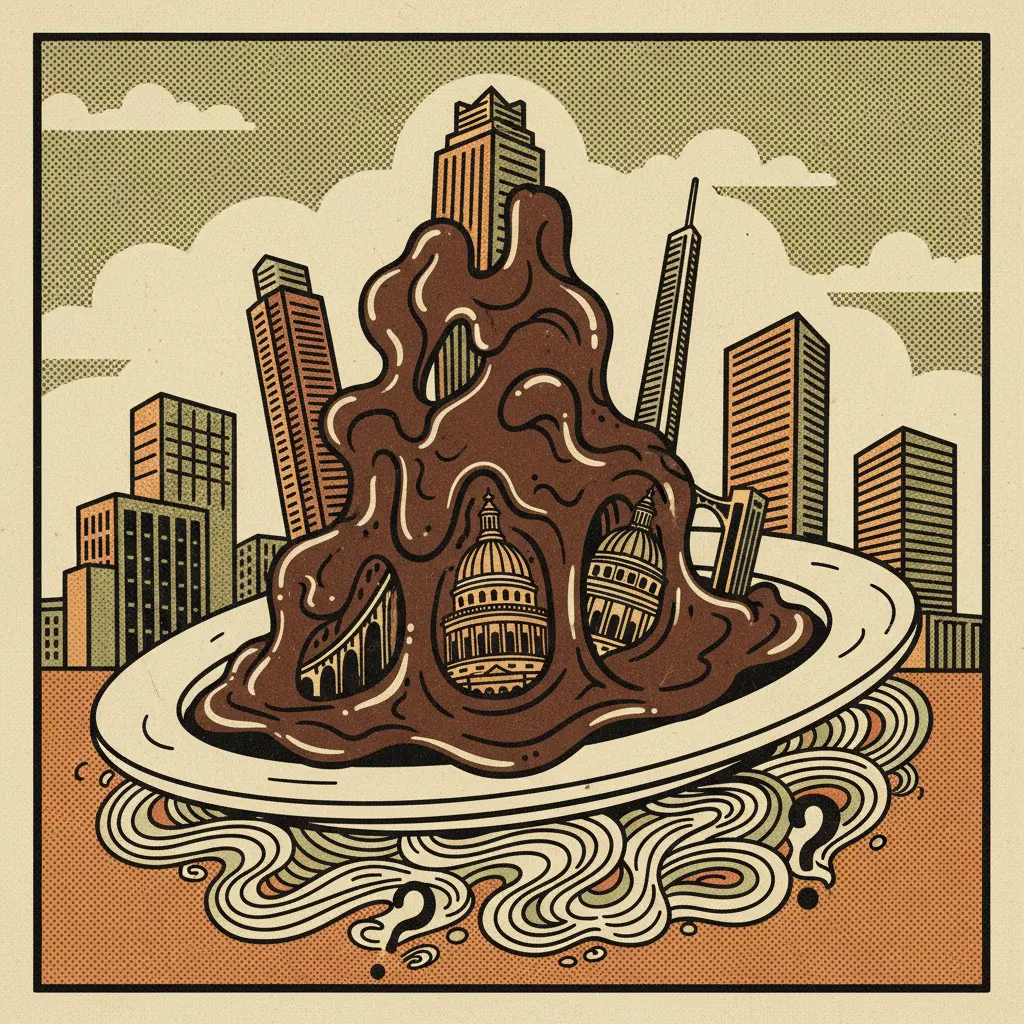 Editorial illustration: THE PLOT THICKENS LIKE GRAVY ON A COLD PLATE