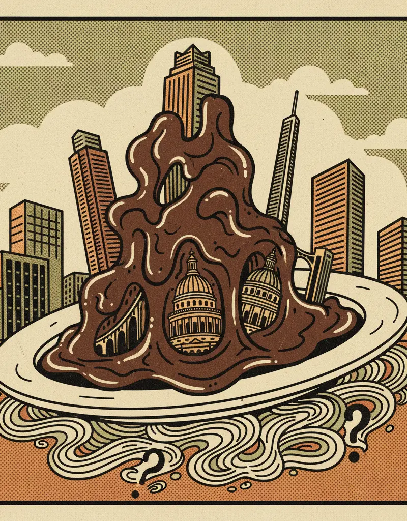 Editorial illustration: THE PLOT THICKENS LIKE GRAVY ON A COLD PLATE