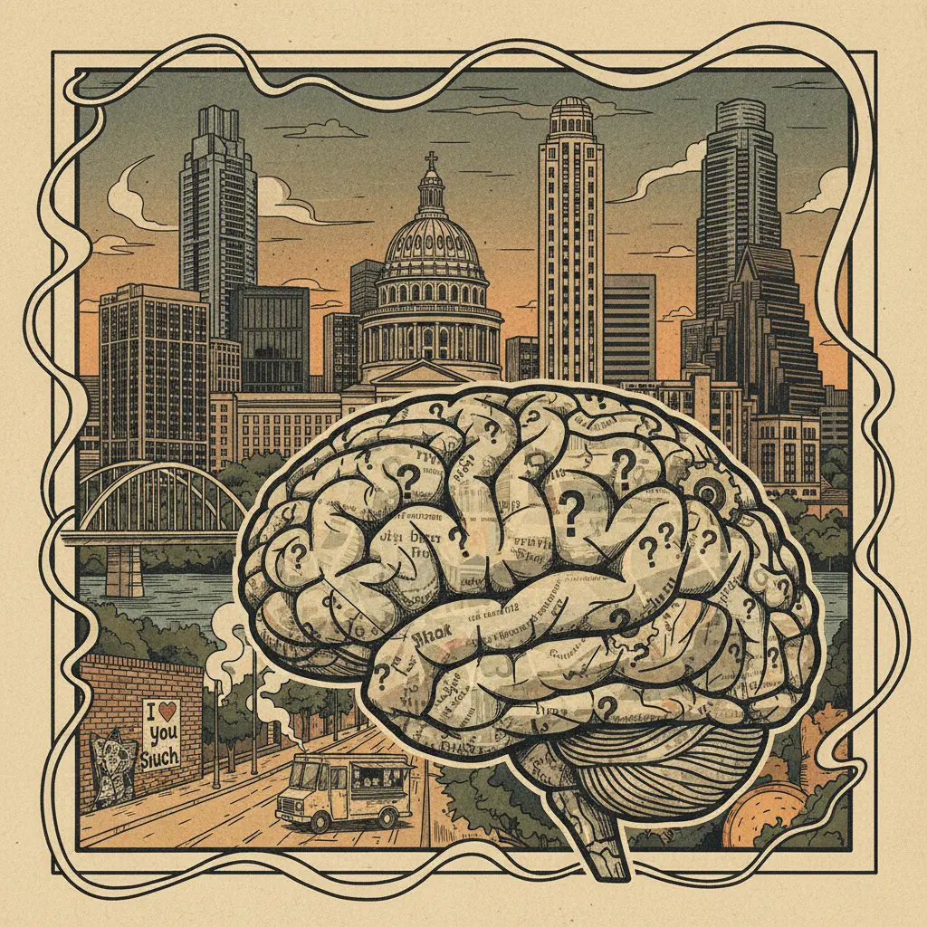 Editorial illustration: THE AUSTIN CHRONICLE ASKS YOU TO EXERCISE YOUR BRAIN (AND QUESTION YOUR LIFE CHOICES)
