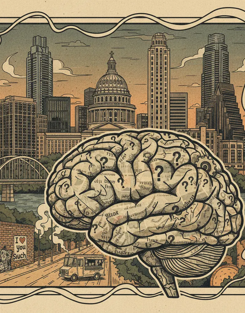 Editorial illustration: THE AUSTIN CHRONICLE ASKS YOU TO EXERCISE YOUR BRAIN (AND QUESTION YOUR LIFE CHOICES)