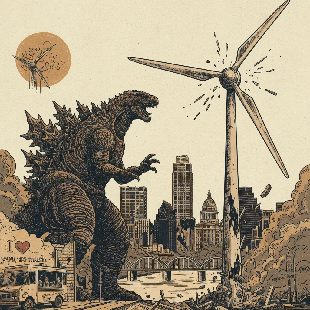 Editorial illustration: GODZILLA VS. WIND TURBINE: TEXAS EDITION