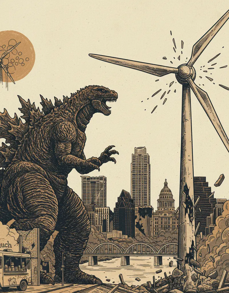 Editorial illustration: GODZILLA VS. WIND TURBINE: TEXAS EDITION