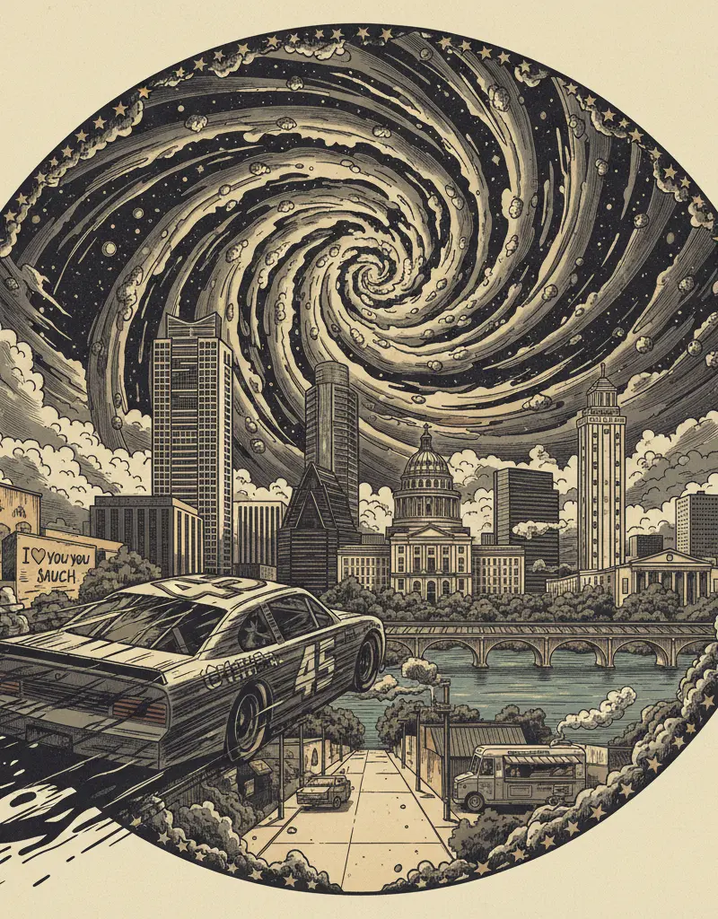 Editorial illustration: WATCH TYLER REDDICK TRY TO OUTRUN THE INEVITABLE HEAT DEATH OF THE UNIVERSE AT COTA
