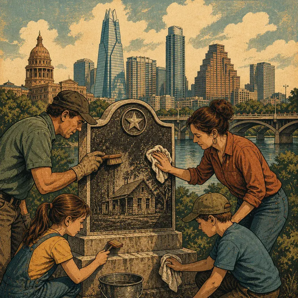 Editorial illustration: THE FAMILY WHO WIPES HISTORY'S GLASSES: AUSTIN FAMILY RESTORES HISTORICAL MARKERS ACROSS CENTRAL TEXAS