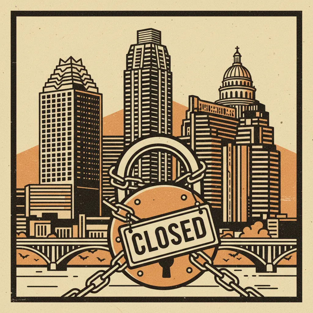 Editorial illustration: OUR ONE ESCAPE FROM LATE-STAGE CAPITALISM IS TEMPORARILY CLOSED